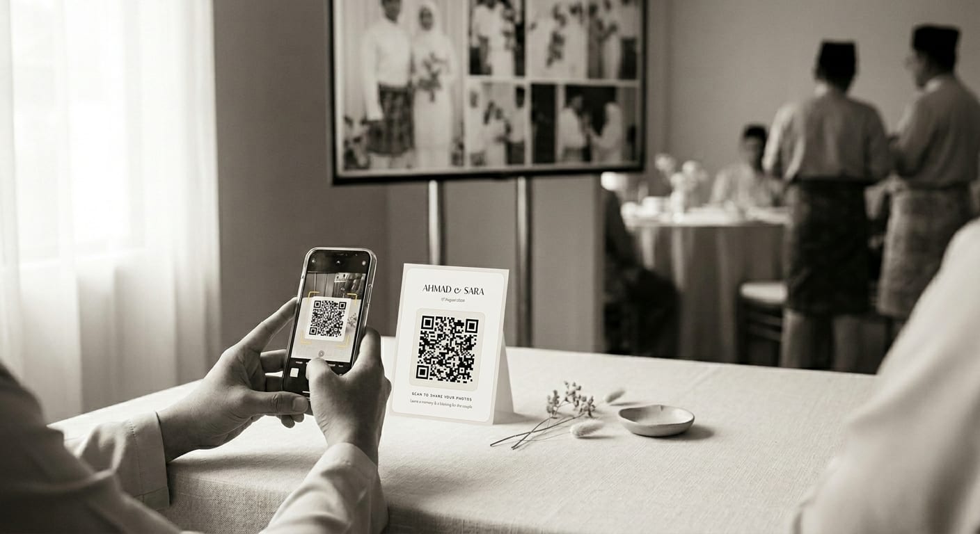 A guest scans the QR tent card on a table at a Malay wedding reception