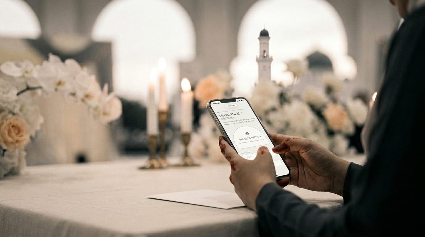 A guest holds a phone showing the photo sharing page